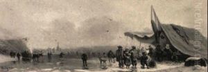 Winterlandschaft Mit Eislaufern Vor Einem Schnapszelt