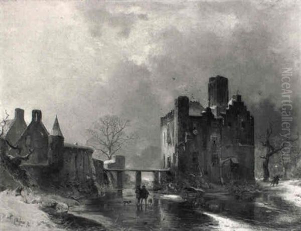 Sportsmen On The Frozen Moat Of A Castle - view 1