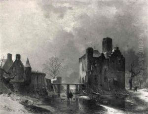 Sportsmen On The Frozen Moat Of A Castle by Carl Hilgers
