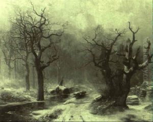 Reisigsammler In Verschneitem Winterwald by Carl Hilgers