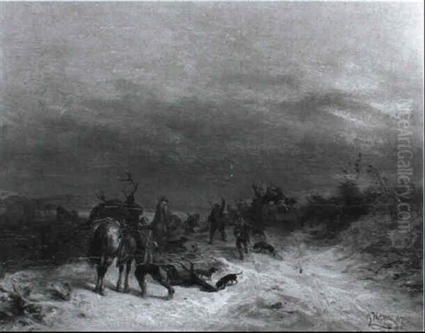 Jagdgesellschaft In Verschneiter Winterlandschaft - view 1