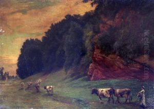 Cattle Drover In A Landscape & Farmhands At Rest by Edgar Barclay