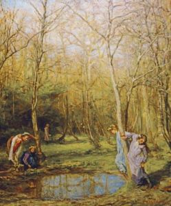 Kingcups: Girls In A Forest In Springtime by Edgar Barclay