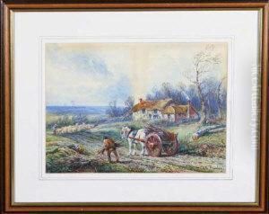A Horse Cart And A Flock Of Sheep Near A Thatched Farmhouse by Edith Lord Barclay