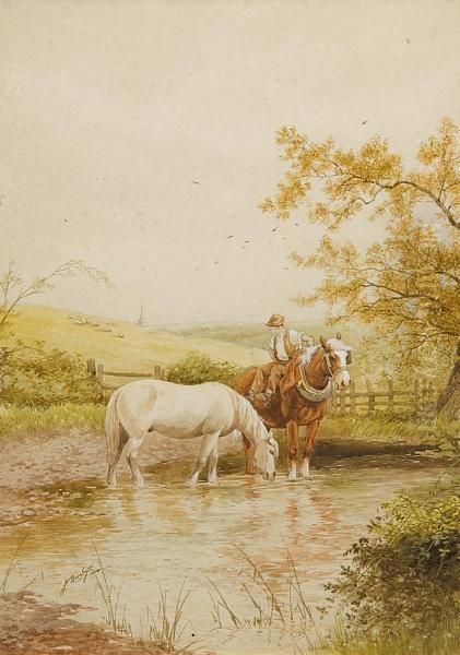 Work Horses Watering At A Stream - view 1