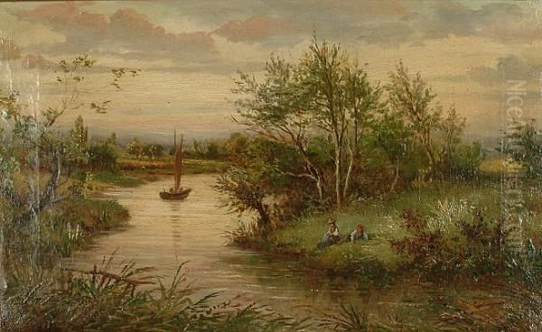 Figures Resting By A River In A Country Landscape - view 1
