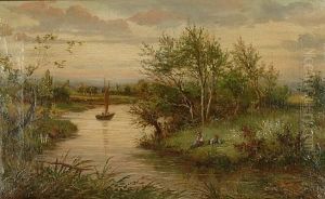 Figures Resting By A River In A Country Landscape by John Barclay