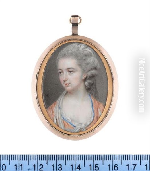 A Lady, Wearing Orange Dress With Blue Trim To Her Decollete, Her Sleeves Slashed To Reveal White Chemise Visible At Her Decollete, Her Powdered Wig Dressed With A White Turban - view 1