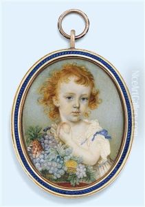 A Young Child Of The Graham Family With Red Hair, In Loose White Shift With Blue Ribbons Tied At Shoulders, Next To A Table... by Diana Dietz Hill