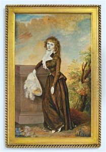 Mrs Robert Graham, In A Landscape, Leaning Against A Stone Pillar, In Brown Riding Habit, Frilled White Cravat, Holding A Cream Hat With White Plumes... by Diana Dietz Hill