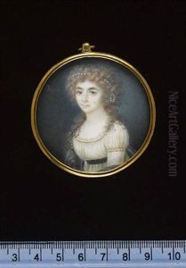 A Young Lady Wearing White Dress With Light Brown Decorative Trimming And Dark Brown Waistband, Blue Cloak Wrapped Around Her Arms, Pearls Adorn Her Powdered Hair by Friedrich Jakob Hill