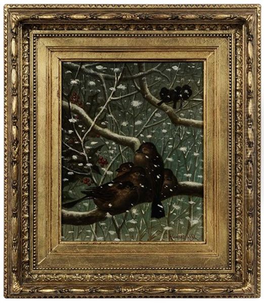 Birds On Branches In Snowfall, Holly Berries - view 1