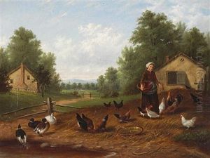 A Farm Scene With Ducks And Chickens