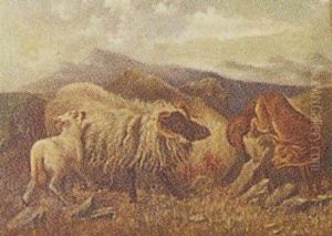Landscape With An Ewe Protecting Her Lambs From A Fox, Mountains In The Background by Howard L. Hill