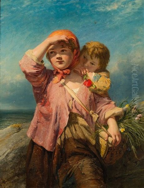 Fishergirl And Her Young Brother Resting On The Coast, A Basket Of Wild Flowers Over Her Shoulder, View Across A Bay Beyond - view 1