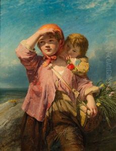 Fishergirl And Her Young Brother Resting On The Coast, A Basket Of Wild Flowers Over Her Shoulder, View Across A Bay Beyond by James John Hill