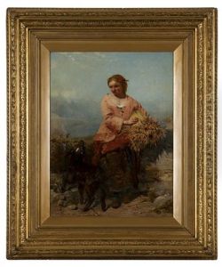 Young Girl Holding Wheat With A Goat by James John Hill