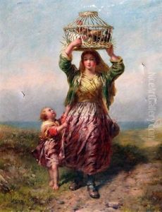 Woman And Child Carrying Chickens On A Coastal Path Woman And Child Carrying Chickens On A Coastal Path