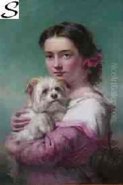 Young Woman In Pink Dress Holding A Terrier - view 1