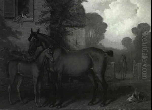 Mare And Foal Near Stable - view 1