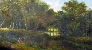 Figures And Cattle In A River Landscape by William Barclay