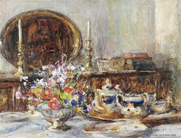 A Still Life Of Assorted Flowers And A Tea Service In A Dining Room Interior - view 1