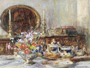 A Still Life Of Assorted Flowers And A Tea Service In A Dining Room Interior by Rowland Henry Hill