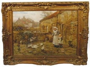 Young Girls Outside A Farmstead With Ducks And Pigeons To The Fore