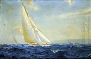 Steam And Sail, Off The Coast, A Racing Yacht In Full Sail by William Barclay