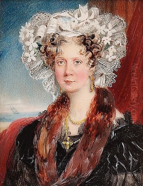 A Miniature Portrait Of Mrs Gideon Newland Wearing A Black Dress With Lace Trim, Fur Stole, Elaborate White Lace Bonnet With Ribbons And Flowers, Gold Necklace And Pendant Earrings, Against A Red Curtain And Open Window To Seascape - view 1