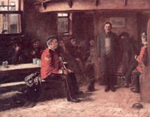 A Tavern Interior With Two British Officers Questioning A Young Man by Thomas Hill
