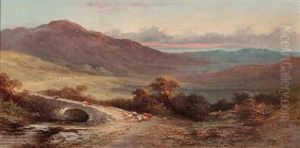 "schottische Landschaft In Abendstimmung Mit Schafen Undhirten" by J Barcley