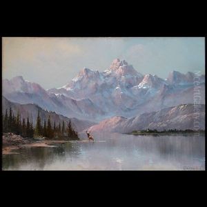 Mountain Landscape With Elk by Edward Hill