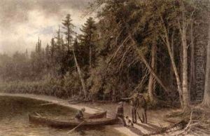 Fishermen At A Wooded Shoreline by Edward Hill