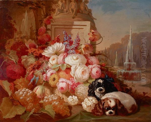 Two Blenheim Cavalier King Charles Spaniels With Flowers - view 1