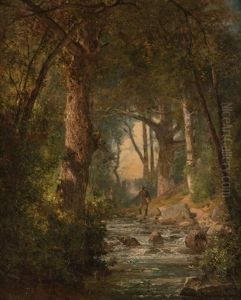 Fishing In A Woodland Stream by Thomas Hill