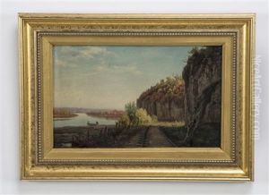 Autumnal Landscape Of A Railroad Pass Beside A Tranquil Lake With Two Figures Conversing In A Canoe