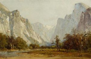 Yosemite Valley With Riders Along The Valley Floor by Thomas Hill