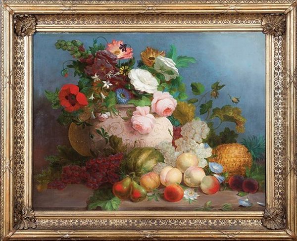 Still Life With Peonies, Poppies, Peaches, Grapes, Pears And Pineapple - view 1