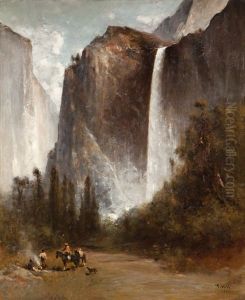 Indians At A Campfire Near The Base Of Bridal Veil Falls, Yosemite by Thomas Hill