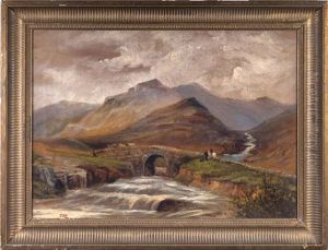 Mountain Landscape With Stone Bridge Over A Stream by Thomas Hill