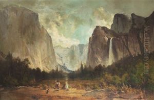 Dalgang I Yosemite Med Rastande Indianer by Thomas Hill
