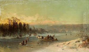 Figures On A Horse Drawn Sledge And Figures Ice Fishing On A Frozen River With A Town Beyond by Thomas Hill