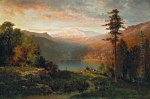 Indian By A Lake In A Majestic California Landscape by Thomas Hill
