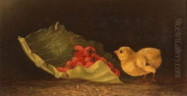 A Dainty Morsel/genre Scene With Chick And A Mound Of Strawberries - view 1