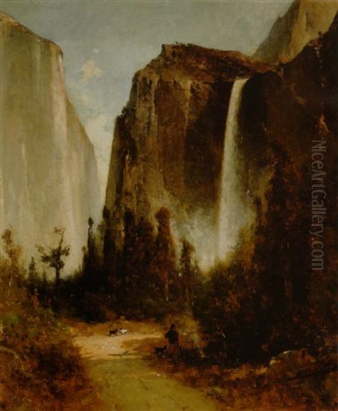 Figures Around A Campfire In Yosemite Valley, With Bridal Veil Falls And El Capitan In The Distance - view 1