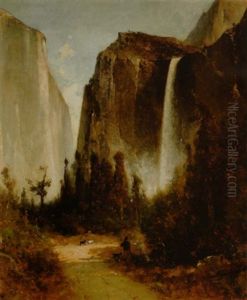 Figures Around A Campfire In Yosemite Valley, With Bridal Veil Falls And El Capitan In The Distance