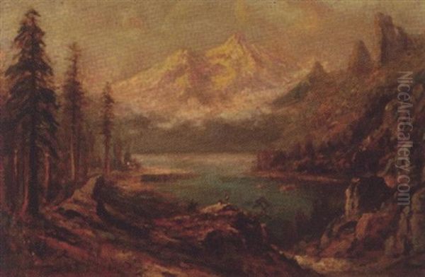Rider On Horseback And Two Figures In View Of Mt. Shasta From Castle Lake - view 1