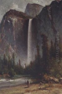 A Native American At Bridal Veil Falls, Yosemite by Thomas Hill
