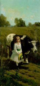 A Little Girl And A Cow Near A Pasture by Thomas Hill